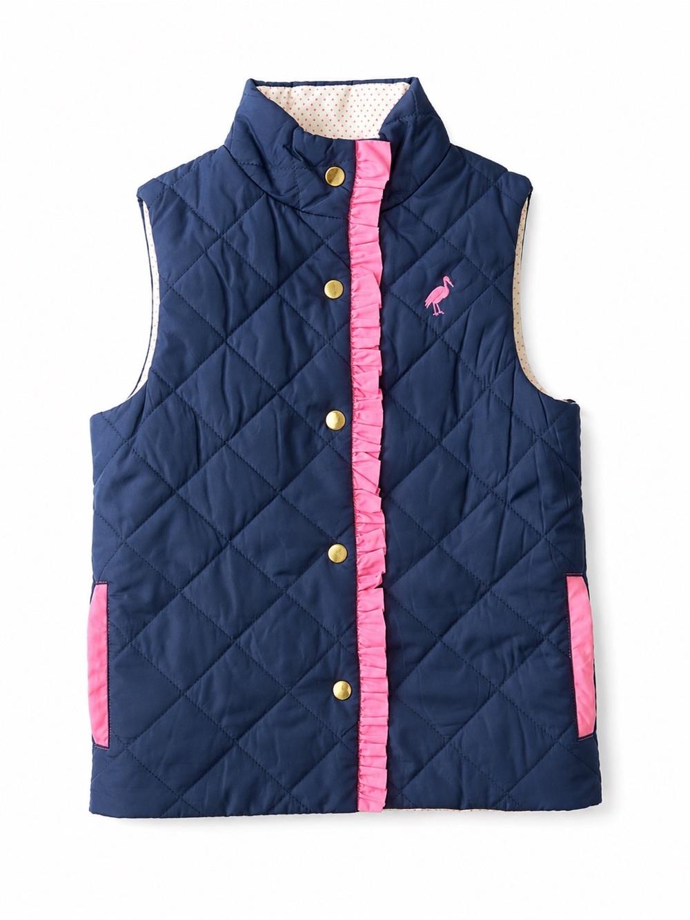 NWT The Beaufort Bonnet Company TBBC Quilted Ruffle Vest Navy Pink 6